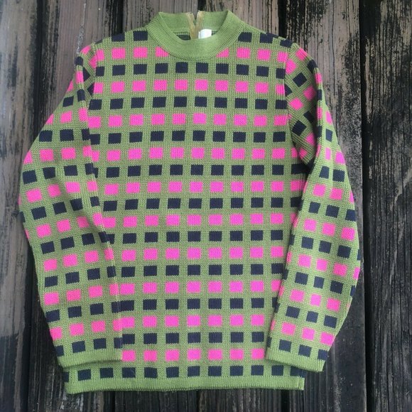 Sweater Sportissimo Sz S M Crew Neck Pink Green Vintage 70s 80s Geometric Square - Picture 1 of 4